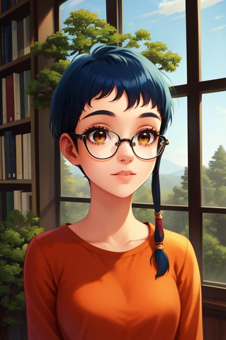 Taranee, short blue  hair , hair lock, glasses, brown eyes, orange casual clothes, library, solo, standing,  upper body, 
window, trees, sky
 (insanely detailed, beautiful detailed face, masterpiece, best quality)
 <lora:TaraneeCook-10v3:0.7>