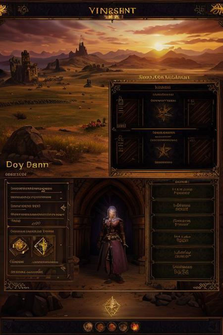a (high fantasy rpg (VYDIA) video game), character window with ((inventory and equipment slots overlay, item descriptions and icons, top menu and compass)) BREAK
inside a dark dungeon BREAK
(simple graphics), dutch angle, dolly zoom, deep shadows, intricate details