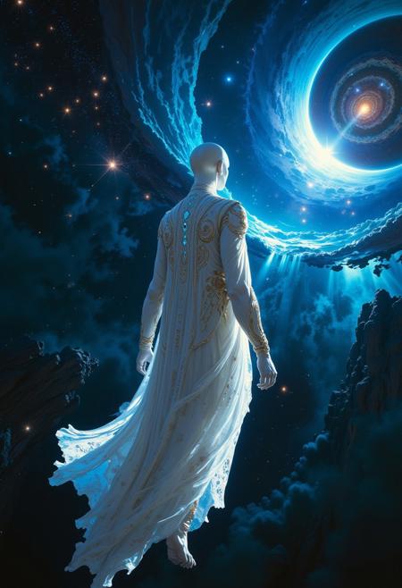 estanlishing shot of white alien floating though space, from behind,  wearing a long flowing tie dye robe adorned with intricate patterns , wandering sage, starry galaxy,huge blue neutron star, , soft ethereal light, <lora:MJ52:0.5>, <lora:SDXLFaeTastic2400:0.4>, <lora:detailed_notrigger:0.6>, <lora:zavy-cntrst-sdxl:0.7>