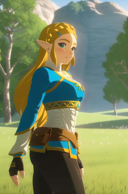 (masterpiece), high quality, (detailed background), 1girl, solo,
<lora:Zelda-v3-07:0.7>, ChopioZelda, blonde hair, green eyes, (looking at viewer:1.3),
mature female, medium breasts,
long hair, crown braid, sidelocks, hairclip,
outfit_1, blue crop top, white undershirt, gold trim, long sleeves, gold chest belt, brown sash, black gloves, fingerless gloves, black pants, brown knee boots,
outdoors, field, trees, grass, sunset, contre-jour,
standing, seductive smile, parted lips, (blush:1.2), from side,