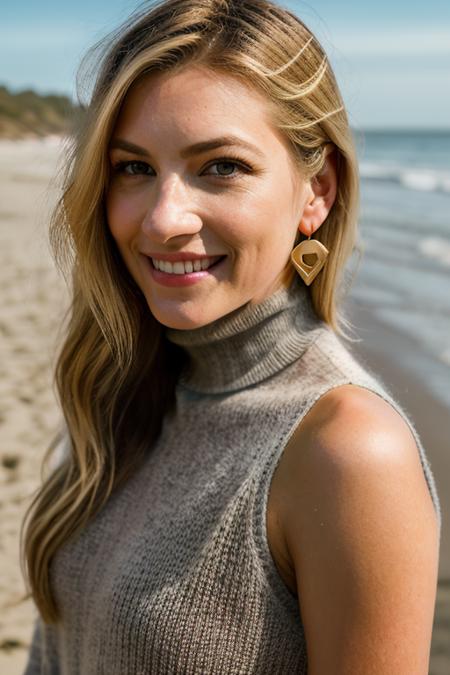 <lora:k4th3rynw:1>, Realistic photo of a beautiful k4th3rynw woman, 1girl, solo, long hair, looking at viewer, smile, (((blonde hair))), turtleneck sweater, jewelry, upper body, earrings, teeth, mole, grin, blurry, lips, grey eyes, outdoors, beach, realistic, soft lighting, professional Photography, Photorealistic, detailed, RAW, analog, sharp focus, 8k, HD, DSLR, high quality, Fujifilm XT3, film grain, award winning, masterpiece