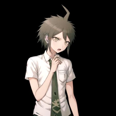 (danganronpaHajimeHinata:1.3), (solo:1.3), 20 years old, 1boy, looking to the side, thinkingshort hair, open mouth, bangs, simple background, brown hair, shirt, brown eyes, white shirt, upper body, ahoge, short sleeves, male focus, necktie, teeth, collared shirt, hand up, upper teeth only, black background, pocket, breast pocket, green necktie <lora:danganronpaHajimeHinata:0.7>