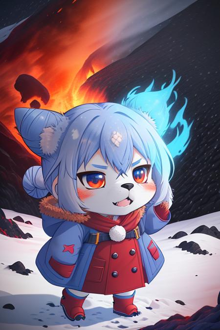 Chibi Anthromorphic Furry bunny Girl, Red and blue Fire-bun bun in red winter dress  with light-blue over coat that is open, blue tights, red boots, standing near a  Glowing lava flow in Iceland, large flakes of ash and snow, angry, long Red-blue hair, Midjourney style, <hypernet:mjv4Hypernetwork_v1:0.8>octane render