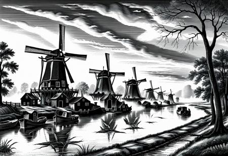 Three Dutch windmills in a row along a wide but gently flowing river. The scene is seen at sunrise, with a mist over the waters of the river, diffusing the   glow of the rising sun. In the background behind the windmills are a line of trees. scratchboard monochrome illlustration