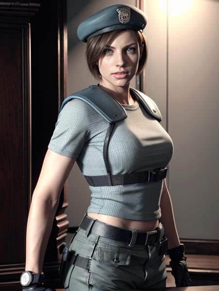 Jill valentine, portrait, uniform, action pose, award winning, looking at viewer (8k, RAW photo, best quality, masterpiece:1.2),ultra-detailed, (high detailed skin:1.2), 8k uhd, dslr, soft lighting, high quality, <lora:Jill_Valentine_RE1R_v1:0.7>