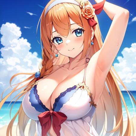 best quality, masterpiece, 1girl, pecorine, orange hair, long hair, blue eyes, headband, red ribbon, large breasts, underwear, armpits, <lora:pecorine-18:0.9>