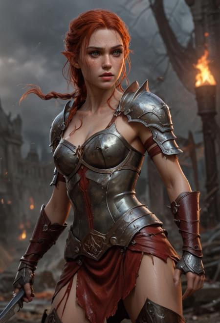 High resolution ultra-realistic of Beautiful Warrior Elf girl, 8k, capturing the intensity of the moment, cinematic lighting, standing on a bloody and stormy battlefield in bloody battle, wavy red hair, realistic dirty pale face, realistic dark brown eyes,  beautiful hourglass figure, burning in a medieval Town, intricately designed iron and silver armor, red mini skirt, LOTR Aesthetic, perfect athletic figure, beautiful Warrior elf girl, fire, ultra realistic, cinematic style, vigorous and seductive, athletic figure, dark fantasy, dramatic lighting, wet and sweaty skin, dirty skin, athletic figure, dark fantasy, dramatic lighting, Greg Rutkowski style,, Warrior Elf girl on in iron armor, hyper-detailed, hyper-realistic, bright colours, Attractive 21 old years girl, Attractive, beautiful firm Breasts, sharp focus, digital painting, Photograph Taken on Nikon D750, Alphonse Mucha, 8K, athletic figure, Hyperdetailed, hyperrealism, Attractive, Attractive bust girl, asymmetric balance