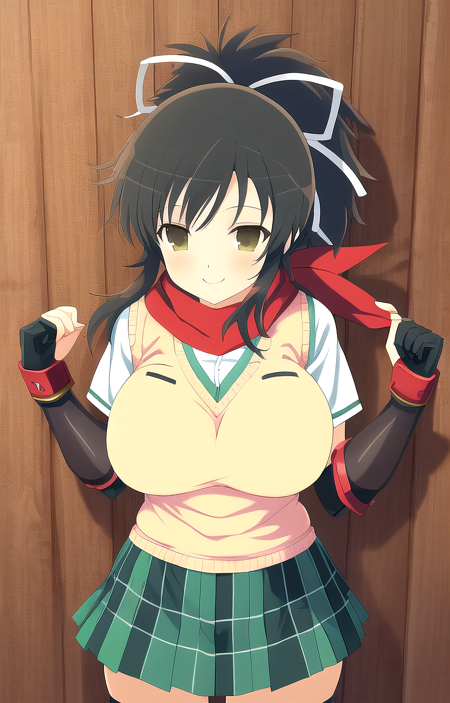 masterpiece, best quality, 
asuka_sk, asuka_kunoichi_uniform, 1girl, short hair, ponytail, large breasts, wide hips, red scarf, hair ribbon, white ribbon, gauntlets, light brown sweater vest, pleated skirt, green short skirt, black thighhighs, closed mouth, smile, happy, cowboy shot, front view, wooden wall, ultra-detailed, anime, senran kagura, 8k <lora:Asuka_SK_1_1-10:1>