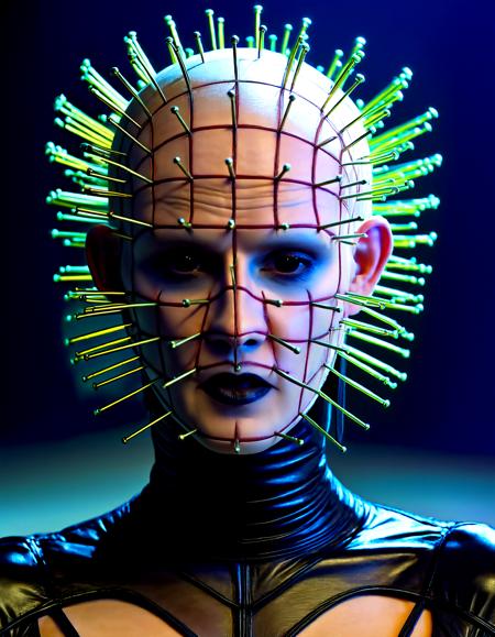 Pinhead, avant-garde spiked couture, fashion runway, geometric metal structures, sinister flickering light,hyperrealistic,fashion runway scene, with Pinhead as the central figure, wearing avant-garde, spiked couture, surrounded by models in similarly themed attire, against a backdrop of massive, interlocking geometric metal structures, under a sinister, flickering light.