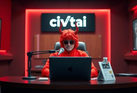 In the center of the image, a person is seated at a professional desk. They are donned in a vibrant red devil costume complete with a matching red wig and horns. Their face is obscured by a pair of sunglasses, adding an air of mystery. The desk features a microphone and a water bottle. Behind the person, a sign bearing the word "civitai" is prominently displayed. The setting is well-organized, suggesting a broadcasting or recording studio. High-res, 4K, Exceptional Quality, More Detail, Lifelike Details, Super Detailed Face and Eyes and Clothes, Handcrafted with Precision, High Quality, Sharp Lines, Stunning Colors, Harmonious Colors, Multi Colored, Contemporary Aesthetics, Impeccable Composition, Creative Angle, Attractive Background, Balanced Editing, Intentional Focus, Well-timed Moment, Captivating Lighting, Octane Render, Unreal Engine 5, Houdini Style, Vivid Emotions, Joyful Impact, Powerful Message, Beautiful Detailed Eyes, CGSociety, Artstation Trending on ArtstationHQ, Golden Ratio. Cinematic photorealistic render.