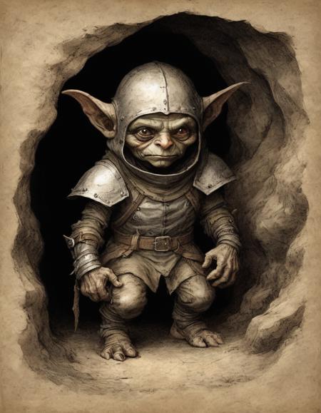 on parchment diminutive goblin wearing a metal helmet and leather tunic emerging from the shadows of a long cave wiry arms and taloned hands chiaroscuro black eyes background deep ominous cave