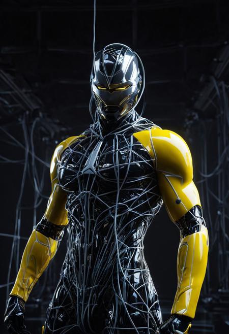 (three-quarter shot on camera canon EOS 5D Mark vi, len 35mm, f2.6). Enigmatic human figure with a dark templed, futuristic and giant piramid-form structure made of glass, wearing a yellow fitted long sleeve shirt, on a blurred darkgray studio background. (Gazing straight). tangled wires connected from nape to head, cyborg. Cyberpunk, modern art, futuristic. dark atmosphere, dimsy lit, white cenital light, strange, bizarre. Photorrealistic, hyper detailed, octane render, raytracing, ambient occlusion, 16K UHD.