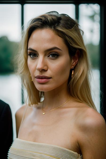 Realistic photo of a beautiful 4ng3l1n4j-v2 woman,  1girl, solo, long hair, looking at viewer, (((blonde hair))), jewelry, earrings, parted lips, lips, border, portrait, realistic, black border, soft lighting, professional Photography, Photorealistic, detailed, RAW, analog, sharp focus, 8k, HD, DSLR, high quality, Fujifilm XT3, film grain, award winning, masterpiece<lora:4ng3l1n4j-v2:1.0>