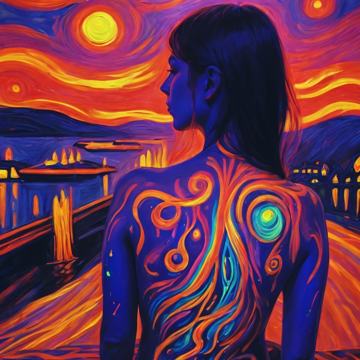 blacklight uv painted on the back of a girl depicting art in the style of Edvard Munch