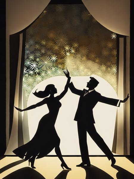 <lora:LotteReiniger:1>a paper cut of two people dancing in front of a curtain with a light shining on them by Lotte Reiniger