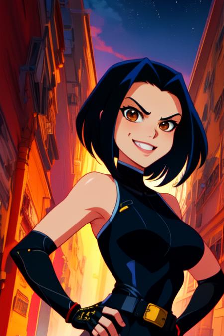 Jade, short black hair, brown eyes, , upper body, smiling,  hands on hips, 
JaBSuit, black fingerless gloves, (black bodysuit), black belt, straps,
 cartoon Hong Kong,  mature,  nighttime, 
 (insanely detailed, beautiful detailed face, masterpiece, best quality) cinematic lighting, anime, 
 <lora:Jade-10v2:0.8>