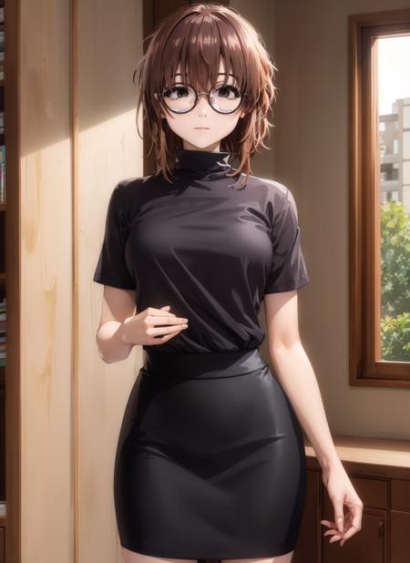 masterpiece, best quality, beautiful lighting, 1girl, solo, <lora:uguisuAnkoYofukashiNo_v10:0.6>, uguisu_anko, glasses, round eyewear, brown hair, short hair, black eyes, (black sweater), turtleneck sweater, short sleeves, pencil skirt, (black skirt), medium skirt, cowboy shot, indoors