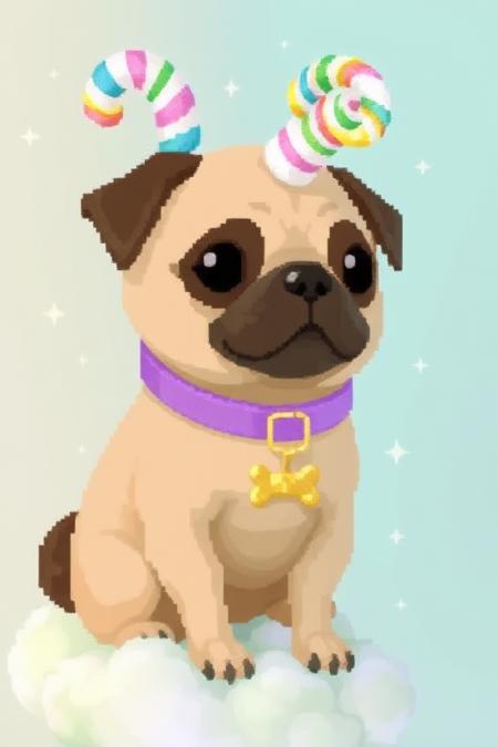 A pixel art pug with fluffy caramel fur and chocolate-drop eyes, wearing a lavender velvet collar with a golden bone pendant, sits upright on a mint-green cloud. A spiraled cotton-candy horn topped with rainbow jimmies erupts from its head, dripping sugary glaze. Soft pastel lighting creates a dreamy, confectionery glow, while tiny gumdrop stars float in the background. Style: Hyper-detailed 3D render with glossy textures and candy-shell iridescence. _________ dramatic beauty, otherworldly quality, soft lighting, shallow depth of field, high detail, dynamic composition, cinematic shot, film grain, balanced shadows, harmonic colors, emotional depth, symbolic meaning, innovative props/costumes, timeless elegance, modern themes, iconic imagery, unforgettable moment, captivating beauty, stunning impact, thought-provoking, artistic vision, masterful execution.
Pixel art style, clear drawn in big pixels very well aligned, rich showcase, award-winning craftsmanship. UHD resolution enhances the dynamic, impactful pose for a striking, lifelike result.