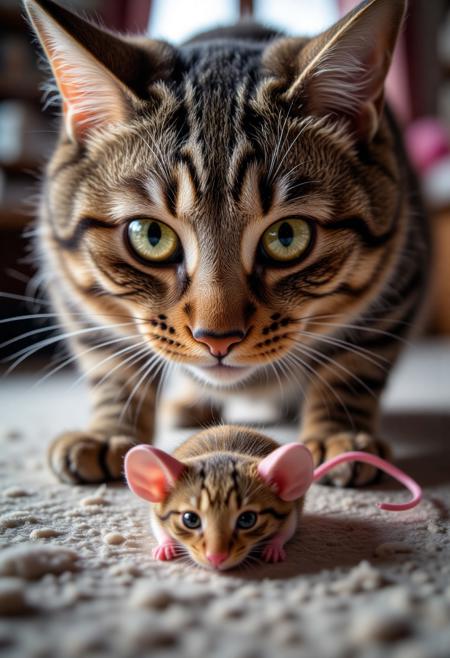 "A fisheye view of a cat playing with a toy mouse, making the mouse look enormous and the cat hilariously tiny."
, aidmamjv7, aidmamj6.1, aidmaHiDreamStyle
