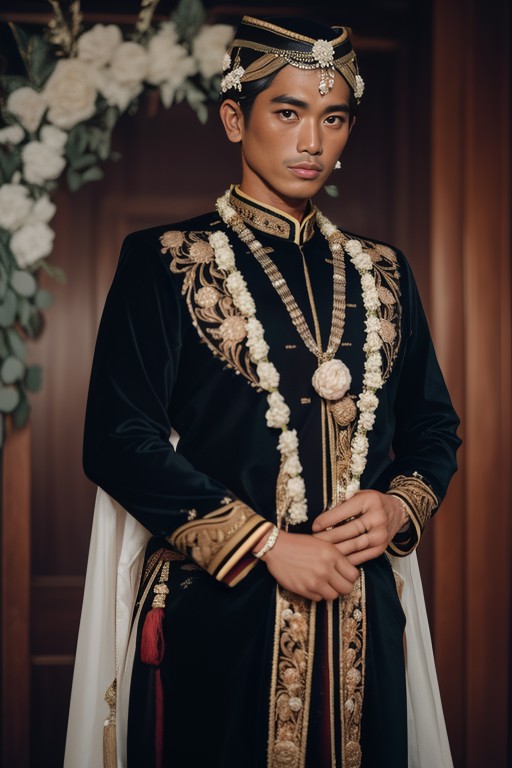 1man, solo, portrait of adajawapria man wear blankon and black wedding dress, ornate, detail <lora:ARWadatjawapria:1>