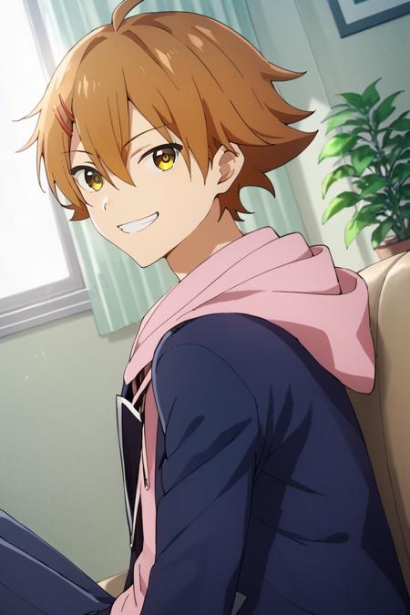 Ryota Kuzuryu,brown hair, hair ornament,hairclip,hair between eyes, yellow eyes, ahoge, school uniform, hood, pink hoodie, blazer, Hood, pink hoodie white jacket,black shirt,white gloves holographic interface,hologram,