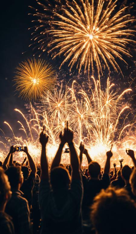 long exposure shot of cheering crowd and golden sparkling fireworks, motion blur, cinematic look, film, breathtaking photograph, award-winning, professional, dlsr, dramatic light, highly detailed . 35mm photograph, 4k, vivid colors, warm atmosphere, focus stacking, shot on hasselblad, reflections, <lora:add-detail-xl:1>, <lora:SDXLHighDetail:0.5>