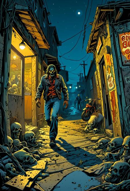 A comic book splash panel showcases a grotesque close-up of a 1970s zombie gang member, prowling under the cover of night, as he advances relentlessly towards the viewer on an abandoned, post-apocalyptic street. The scene takes place outside a biker bar in a notorious part of town, setting the stage for a thrilling encounter.