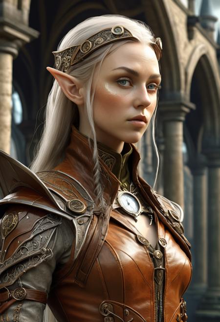 A photorealistic portrait of a fantasy character, such as an elven warrior or a steampunk adventurer. The character has intricate details in their clothing and accessories, with realistic textures and shadows. The background features a hint of their fantastical world, like a castle or a mechanical city.