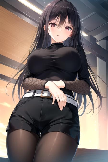 ((masterpiece)),(best quality),official art,extremely detailed CG,unity 8k wallpaper,ultra detailed,beautiful detailed eyes,extremely detailed face,1girl,solo,cowboy shot,looking at viewer,facing viewer,smile,standing,Hikami Ayame(unoneno),very long hair,black hair,straight hair,hair between eyes,bangs,red eyes,taut shirt,fishnet shirt,long sleeves,large breasts,white belt,taut shorts,short shorts,black shorts,black pantyhose,pantyhose under shorts,loafers,<lora:Hikami Ayame(unoneno)>,