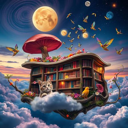Create an image of a whimsical library floating in the clouds, where the books are made of vibrant flowers and the shelves are crafted from twisted vines. In the foreground, a curious cat with iridescent fur curiously peeks out from behind a giant, oversized mushroom. Above, the sky is a surreal blend of twilight colors, with swirling galaxies and oversized, glowing orbs resembling celestial lanterns. A flock of birds with kaleidoscopic feathers dances through the scene, casting rainbow shadows on the library below.
