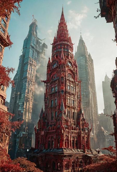 towering skyscrapper loom, their peaks veiled in mist.precious stones,  intricate details, natural lighting, volumetric the headset in all its glory. swirlysci-fi red intricately detailed, complex, elegant, expansive, fantastical, film photography style,  medium grain, FRESHIDESH Moebius comic book
