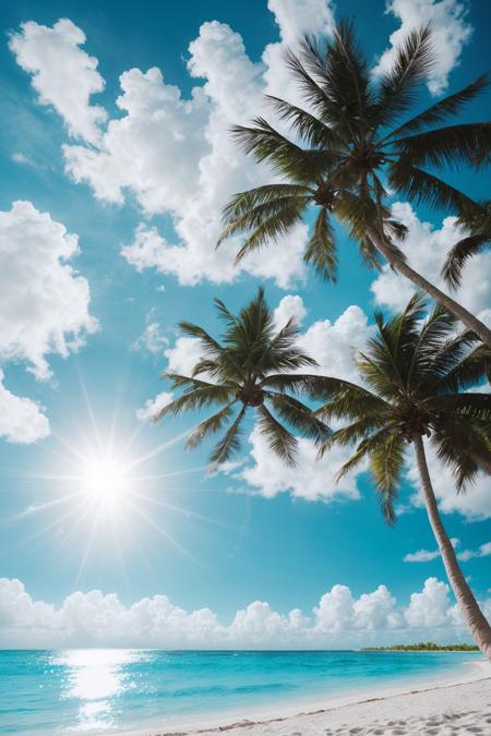 white sand tropical beach, turquoise clear water, palm trees swaying, sun flare in the lens, blue sky with a few fluffy clouds, ultra-realistic, cinematic lens effect, Canon DSLR photo