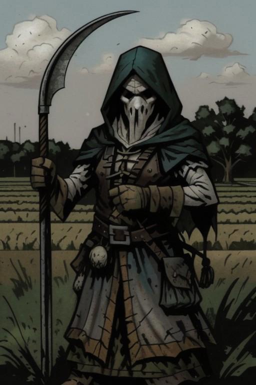 A poor, hooded farmer in an empty field. He is holding a simple scythe.