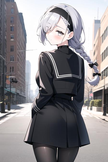 city background, arms behind back, 1girl, solo, halo, pantyhose, long hair, skirt, braid, hair over one eye, hairband, neckerchief, choker, white hair, standing, sailor collar, school uniform, black choker, long sleeves, looking at viewer, black hairband,  shirt, black pantyhose, pleated skirt, black skirt, open clothes, bangs, black serafuku, closed mouth, black shirt, collarbone, black sailor collar, white neckerchief, couch, single braid, coat, grey eyes, hair ribbon, black coat, ribbon, open coat, white shirt, side braid