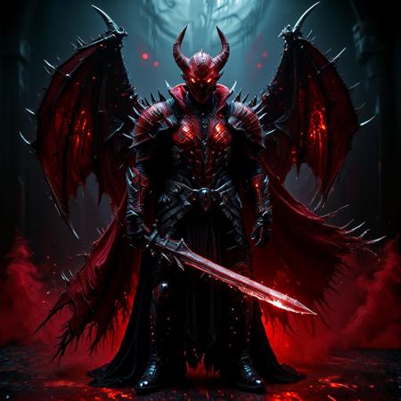 (Anime cyberpunk style) depiction of An Avenging Demon, (highly detailed) features intricate Red and Black spiked armor with RED LED glowing accents amidst a dark background, creating a striking contrast. The ambiance is intense and dramatic, infused with nightmarish blood red and black colors, highlighting his powerful presence and evoking wonder and awe. (HD), ultra-detailed, captivating composition.