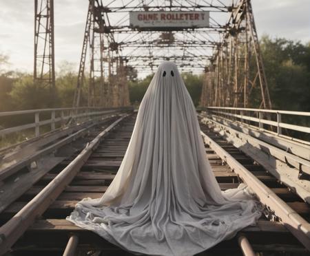 sheetghost person (riding a rollercoaster:1.4) in an abandoned amusement park.