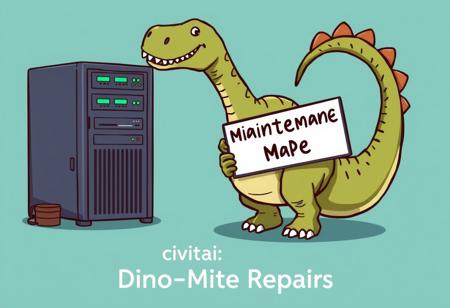 "A cartoon of a giant dinosaur holding a ‘Maintenance Mode’ sign while attempting to fix a server with its tail. Text: ‘Civitai: Dino-Mite Repairs’."