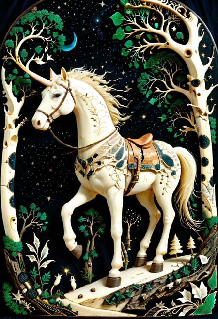 PG-TR,A mythical carriage made of scrimshaw traversing an enchanted forest path made of scrimshaw , luminescent creatures made of scrimshaw guiding the way, ancient trees towering overhead, dusk time ambiance, detailed, fantasy art , neon outlines, wire herb, robotic horse made out of scrimshaw, ebony, ivory, scrimshaw, bone carving