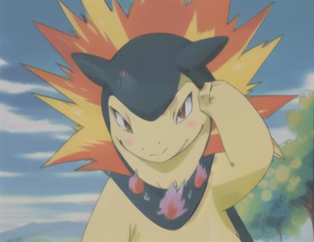 typhlosion, anime, back on fire, closed mouth, smile, looking at viewer, standing, arm up, outdoors, sky, cloud