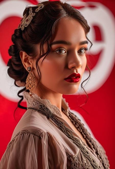 (long shot, three-quarter view, camera RED KOMODO 6K, len 35mm, f1.8). 1woman, 22yo, caucasian, aristocratic, 19 century, 19 century wearing, tied hair, starring pose. realistic eyes, realistic hair, blurred red background. High quality, hyperdetailed, cinematic, intricate details, award winning photography, depth of field, masterpiece, cinematic light, cinematic filter, 16K UHD, perfecteyes, Cinematic Shot.
