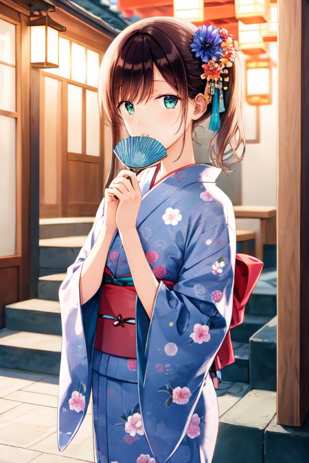 <lora:hiten_style:1>hiten style, kimono, paper fan, 1girl, outdoors, wide sleeves, blue flower, green eyes, solo, night, japanese clothes, print kimono, paper lantern, looking at viewer, uchiwa, sash, side ponytail, stairs, holding, closed mouth, depth of field, upper body, blush, long hair, holding fan, lantern, obi, blurry background, yukata, blue kimono, long sleeves, parted lips, flower, hand fan, blurry, floral print, brown hair, hair flower, hair ornament