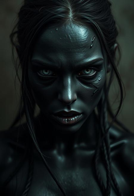 an underworld woman, small white zombie eyes, hyper realistic, ultra detailed, translucent oiled skin, black skin