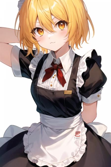 don quixote \(limbus company\), 1girl, solo, upper body, blonde hair, short hair, hair between eyes, orange eyes, maid, maid apron, arms behind back, looking at viewer, :3, simple background, white background,  <lora:don-08:1>