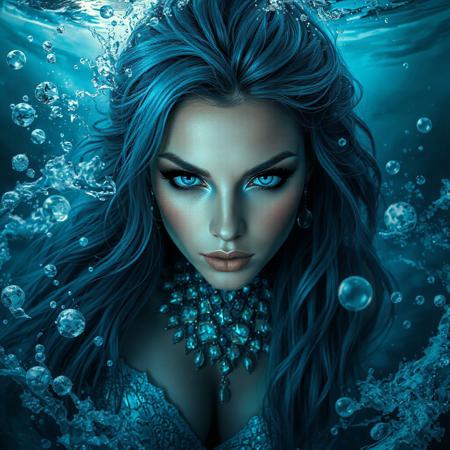 photorealistic depiction of a beautiful, sexy and dangerous siren is Emerging from a stormy and violent underwater realm, the striking figure exudes an aura of mystique sensual energy, accentuated by her long, cascading turquoise and deep blue hair, her captivating bioluminescent blue eyes stare through the viewer. Adorned in a shimmering scales made of gems that glisten in the filtered light, she appears both powerful and ethereal, her expression a blend of strength and vulnerability. Surrounding her are bubbles and foam of the disturbed depth, orbs of light that dance in the water, enhancing the surreal ambiance of the scene, a sense of depth power, while the interplay of light and shadow creates a dreamlike quality. This exquisite portrayal encapsulates a narrative of beauty intertwined with the mysteries of the ocean.highest detail, vivid,dramatic, realism, high quailty