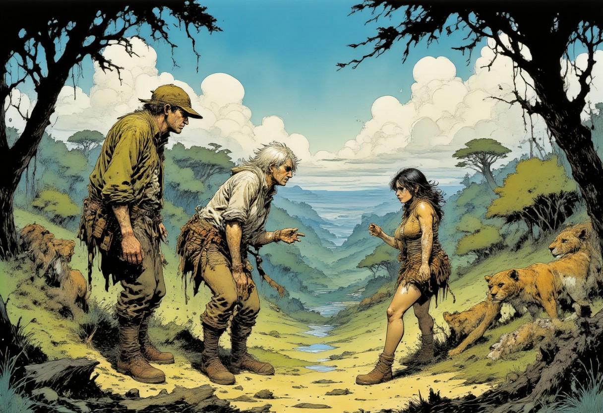 In the clearing of an African jungle, a Caucasian man, in an American hunter's outfit, immobilized by being tied with ropes wrapped around his entire body. In front of him, a Caucasian woman, in jungle clothing made of leopard skin, and another woman, in jungle clothing made of lion skins, engage in a confrontation with each other. Illustration in semi-realistic anime style. Panoramic view.