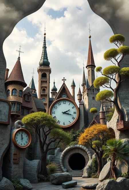realistic photo ral-frctlgmtryshapes and melting clocks with odd buildings and strange trees