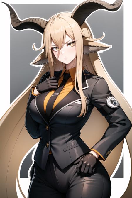 best quality, solo,<lora:Degenbrecherv1:1>, degenbrecher, long hair, horns, 1girl, animal ears, goat horns, breasts, looking at viewer, blonde hair, solo, yellow eyes, hair between eyes, bangs, very long hair, goat ears, goat girl, jacket, shirt, long sleeves, simple background, black gloves, gloves, pants,