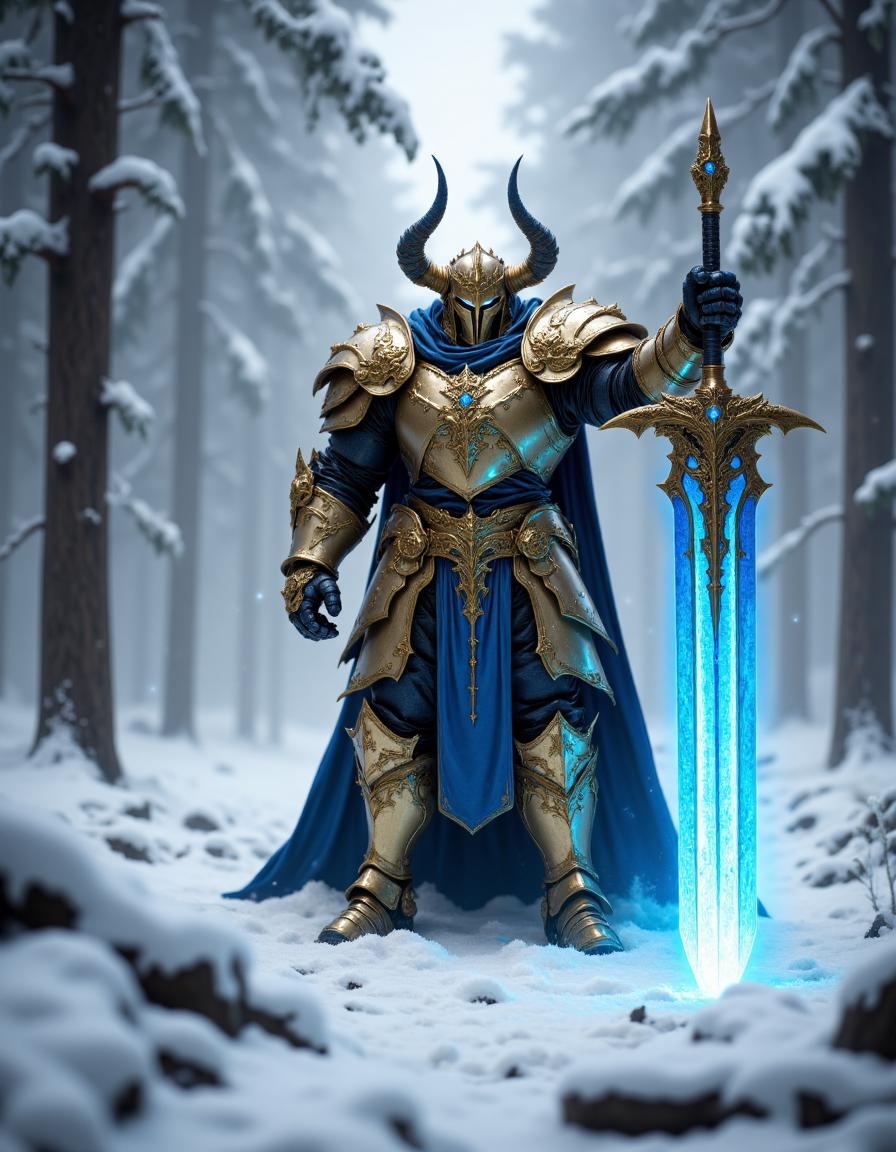 cinematic  Full-body shot of a fantasy paladin, wearing a golden armor with blue details, wings on his helmet, holding a giant blue glowing sword with golden details by the handle in an attacking pose, magical amtoshphere, standing in a snowy forest, hkstyle  <lora:FluxFantasyKnightV2Test:0.9>