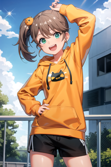 <lora:5Hiyo-01:0.7>,hiyoptd, 1girl, solo, smile, open mouth, brown hair, hair ornament, long sleeves, hair between eyes, green eyes, :d, outdoors, sky, shorts, teeth, day, cloud, hood, arm up, side ponytail, blue sky, hand on hip, sleeves past wrists, short shorts, sparkle, hoodie, upper teeth only, black shorts, hood down, railing, drawstring, cat hair ornament, orange hoodie