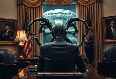 cthulu for president, oval office, mushroom cloud outside window, real photograph,photorealistic, correct hands, correct fingers, lovecraftian, vote button, campaign photo, election, elegant scene, facing away, sitting